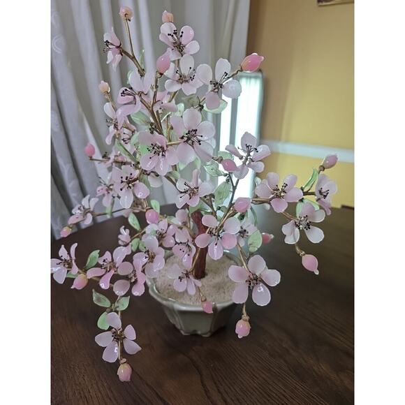 Vintage Large Mid Century Chinese Jade Glass Agate Bonsai Flower Tree 15 X 18 - Picture 5 of 16